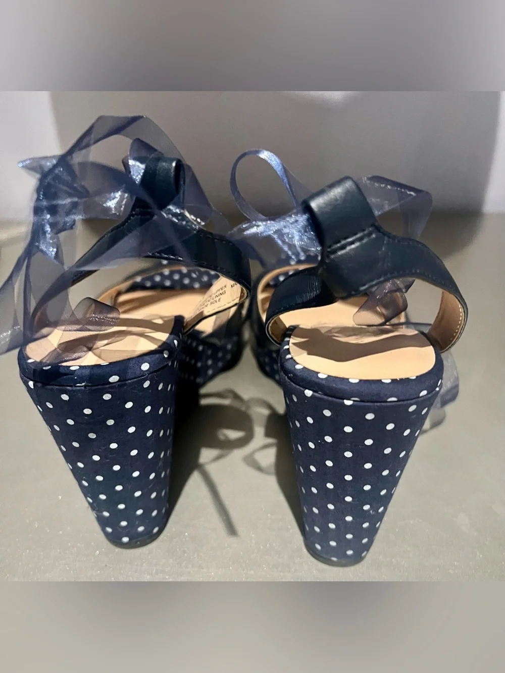 Taylor Navy Polka Dot Wedge Sandals with Clear Ankle Ties